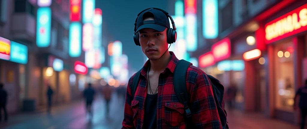 Hyper  realistic, a 2 Indonesia man walking on the neon cyberpunk street, ideal body, look straight ahead, wearing dark red flannel shirt and dark ripped jeans pants and black hiking hi-shoes with black backward trucker hat, wear dark leather backpack, wear headphone, masculine photoshoot pose, arrogant man expression, romantic, Bandung night town as background. Use soft photography lighting. top lighting. top lighting, slide lighting, high quality photos, UHD, 64k. shot with Canon EOS 5D Mark IV, cinematic portrait, Realistic face, not changing face, no mustache, Real photo, unchanging face, background change. Real Picture 8k ultra, man, gamer, hyper detailed, sharp focus, studio photo, intricate details, highly detailed, photo real, bright colors, digital graphics, unreal engine, blender art, perfect composition, octane rendering, masterpiece, sharp focus, high detail, art station, concept art, perfect composition, a model of ultra-high quality and clarity, perfect play of light and shadow, 32k UHD, hyper-detailing, complex artistic masterpiece, ((best quality)), ((masterpiece)), (detailed), perfect face