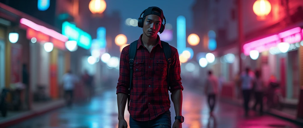Hyper realistic, a 2 Indonesia man walking on the neon cyberpunk street, ideal body, look straight ahead, wearing dark red flannel shirt and dark ripped jeans pants and black hiking hi-shoes with black backward trucker hat, wear dark leather backpack, wear headphone, masculine photoshoot pose, arrogant man expression, romantic, Bandung night town as background. Use soft photography lighting. top lighting. top lighting, slide lighting, high quality photos, UHD, 64k. shot with Canon EOS 5D Mark IV, cinematic portrait, Realistic face, not changing face, no mustache, Real photo, unchanging face, background change. Real Picture 8k ultra, man, gamer, hyper detailed, sharp focus, studio photo, intricate details, highly detailed, photo real, bright colors, digital graphics, unreal engine, blender art, perfect composition, octane rendering, masterpiece, sharp focus, high detail, art station, concept art, perfect composition, a model of ultra-high quality and clarity, perfect play of light and shadow, 32k UHD, hyper-detailing, complex artistic masterpiece, ((best quality)), ((masterpiece)), (detailed), perfect face