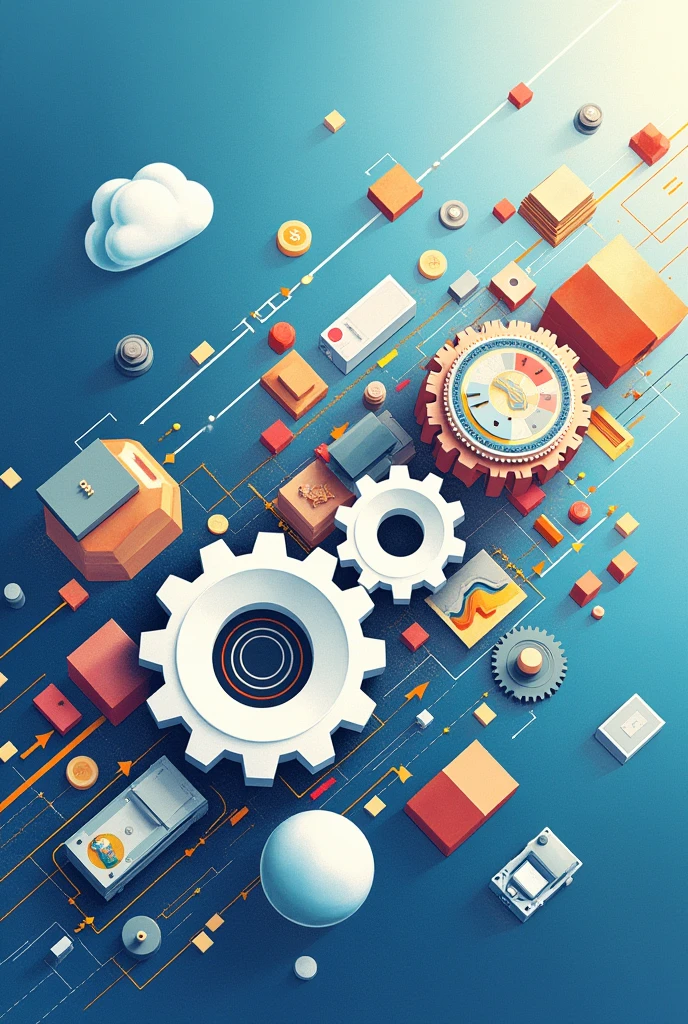 Create a three-dimensional gear Circles and squares, currencies, stacks of coins, stacks of banknotes, lines, graphs, autoparts illustrations. Using watercolor and mixed media, bright colors are used. The light source is in the upper right corner. There are large white gears. The background is blue.