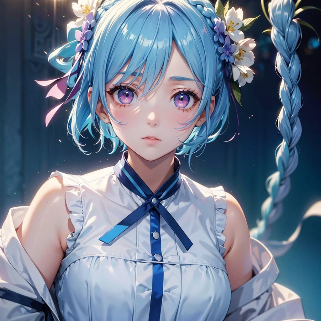Sky blue hair、Braided Short Hair、Pink Eyes、Fair skin、whole body、Cultural Festival、School、Schoolの服、masterpiece、Highest quality、Very detailed、Best Shadow、Detailed Background、Beautifully detailed face、High Contrast、Best lighting、Very delicate and beautiful、Cinematic Light、Hyper Detail、8k、Dramatic Light、Exquisite detail、