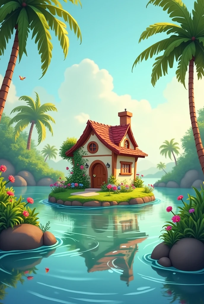 Animated background for stories with a little house on a lagoon