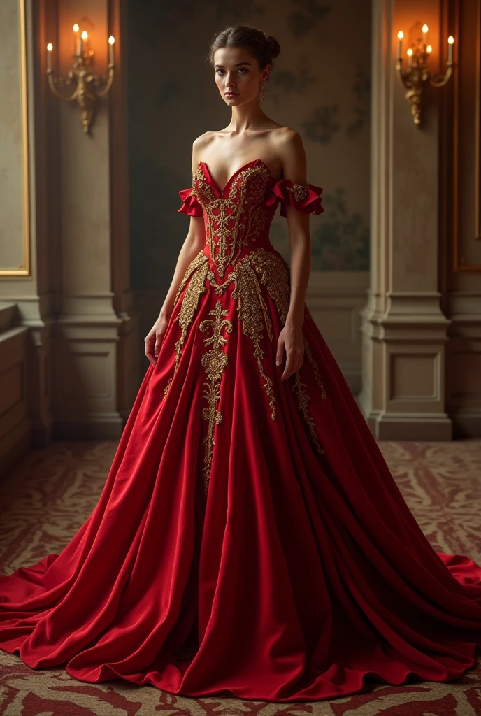 Beautiful red imperial dress with gold details, heart cut, defined waist and fuller skirt