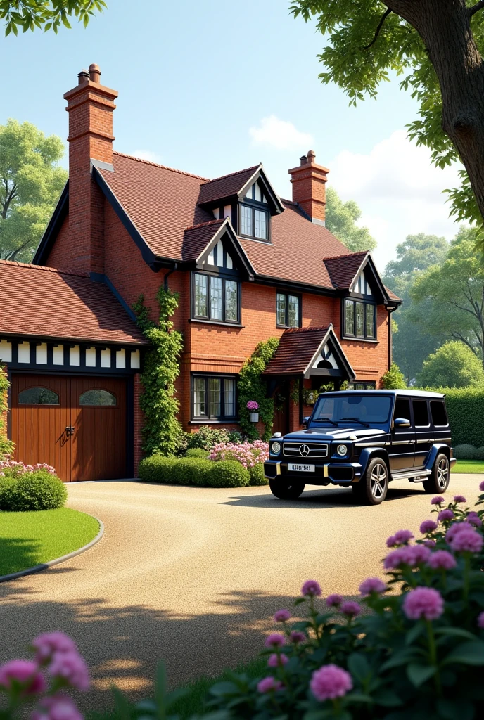 Britsh style house car garage g wegon tree flower