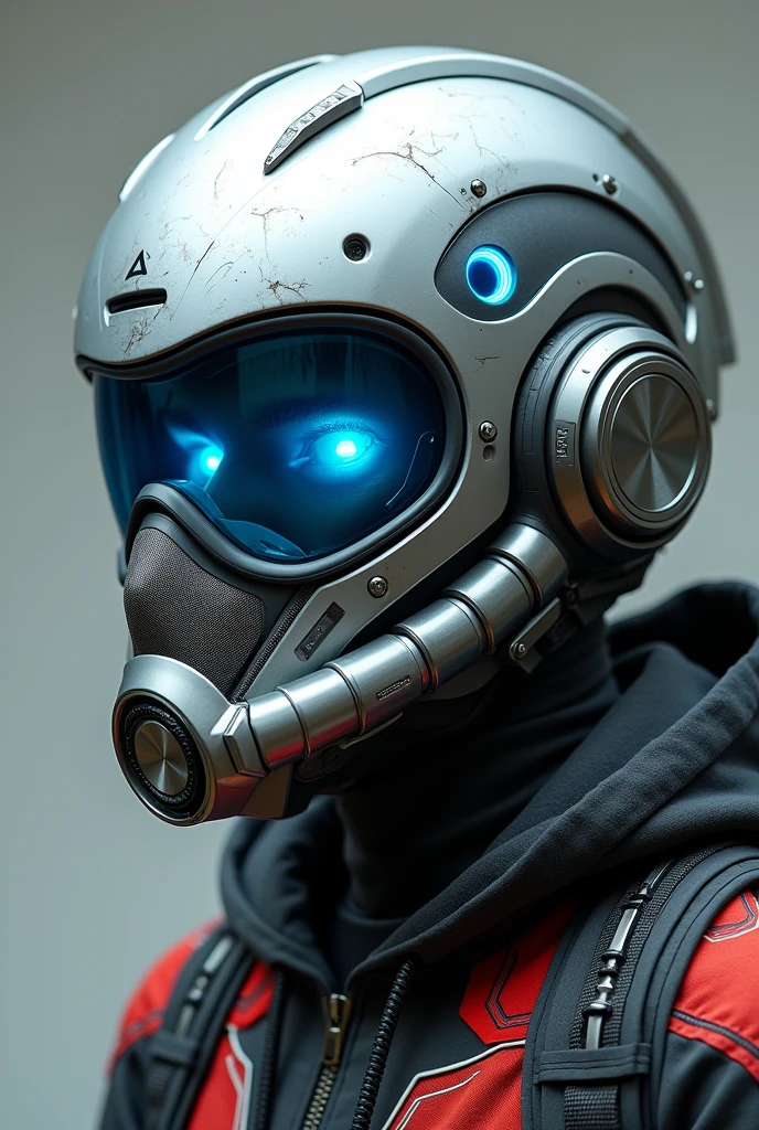 1 man, silver motorcycle helmet, snorkeling mask, portrait halfbody shoot. Silver two pipe tube from mouth to head. Future design.. high tech. Wear google safety eyes glowing blue. The tube connect from head to mouth. Future headphone design blue led light detail. Starlord helmet design concepts. Very detail . High tech costume. Marvel. T shape on the helmet. Small scratches on the helmet. The blue visor honeycomb style concept. T shape spoiler antenna on the helmet, nose and mouth covered by mask metal. Wear cyberpunk hoodie spike shape red stripe. .
