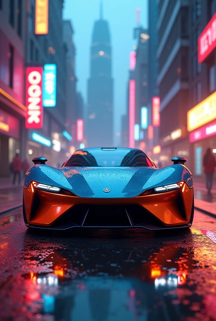 Doge charger with blue orange bodikit in siberpunk city with neon lights and wet ground