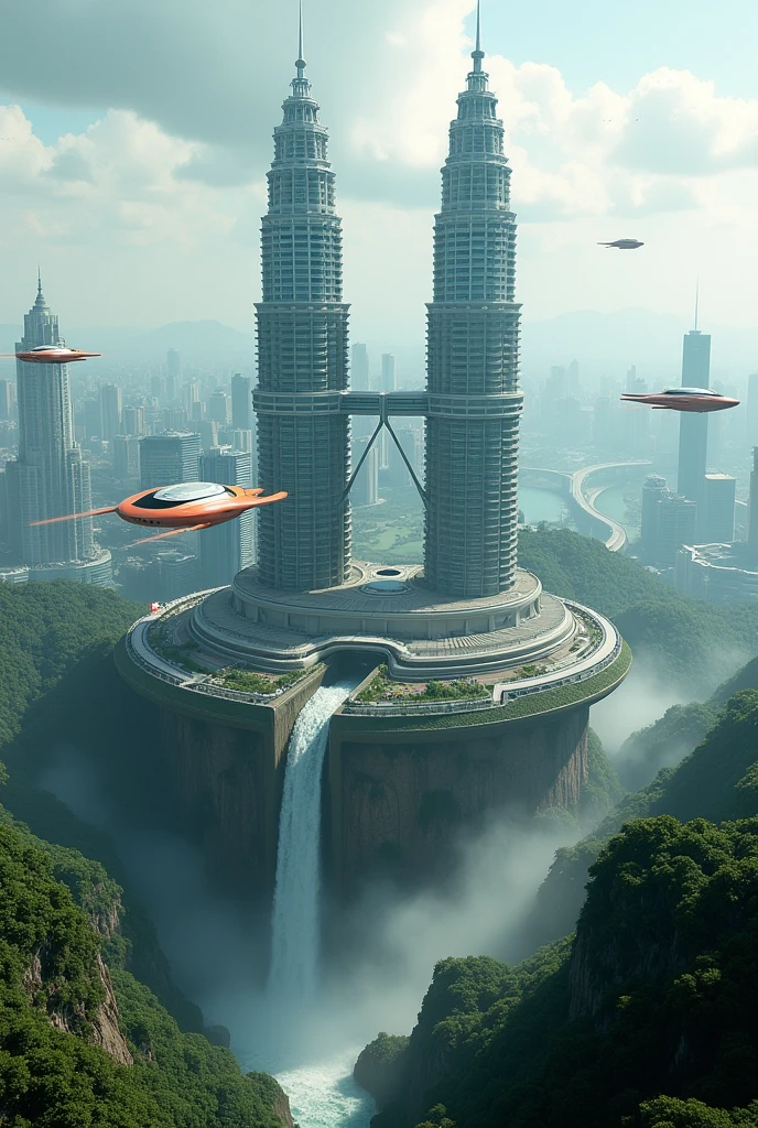 a futuristic city, there are twin towers of Kuala Lumpur on a floating island, there is a river and a waterfall on the island, the water falls down, below there is a thick forest and a river, there is a futuristic vehicle flying towards the city, from various directions, upper view