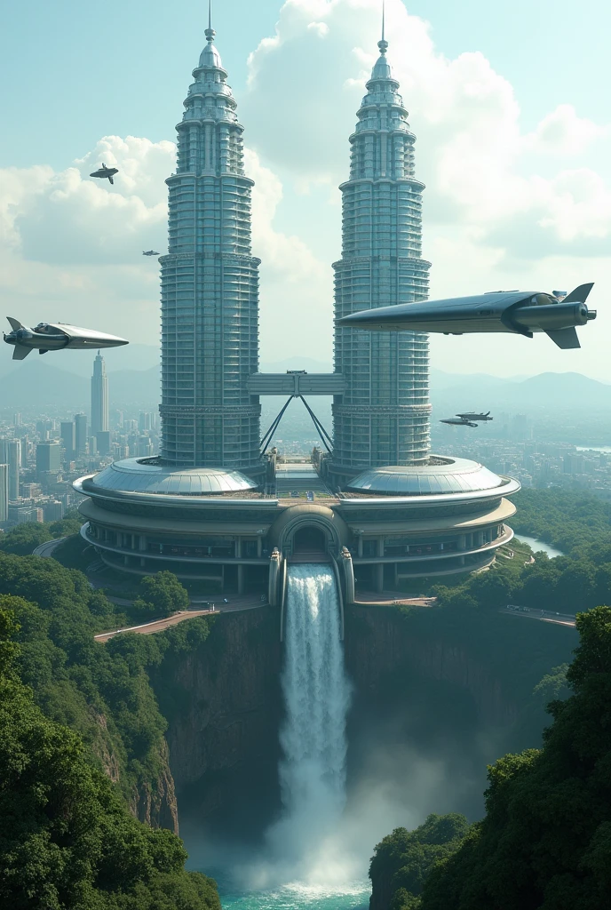 a futuristic city, there are twin towers of Kuala Lumpur on a floating island, there is a river and a waterfall on the island, the water falls down, below there is a thick forest and a river, there is a futuristic vehicle flying towards the city, from various directions, upper view