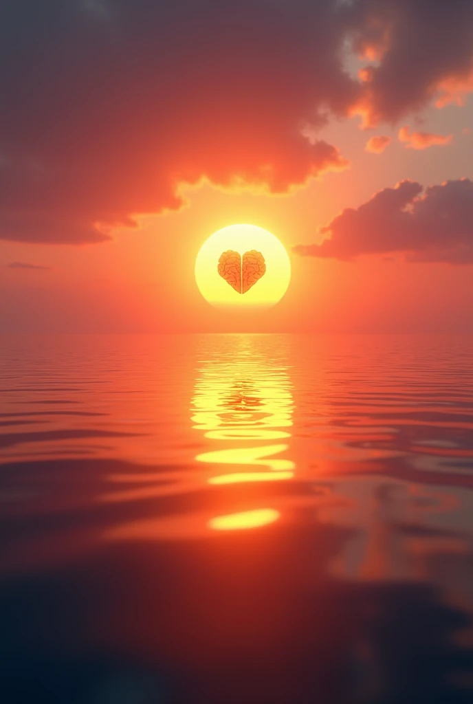 Create an image of the sunset being seen in the reflection of the sea with very realistic lighting and behind the sun a heart and a brain touching with lights in the same tone as the sunset, Although, well highlighted