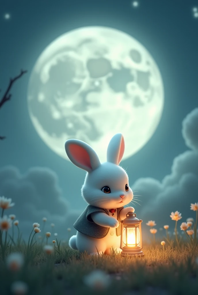 Big full moon with small ears and cute white rabbit wearing a small vest and holding a lantern glowing surrealistic