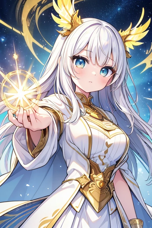 (masterpiece, Highest quality, Highest quality, Official Art, beautifully、aesthetic:1.2), (One girl), Highly detailed eyes, (Fractal Art:1.3), colorful, Most detailed, (Perfect Face), Glowing Skin, High resolution, (White cloak, golden lines:1.2), Milky Way, (Streaks of Light), Impressive visuals, (Dynamic stripes, Light trail:1.2), Vibrant colors, (Phoenix), (Dragon)