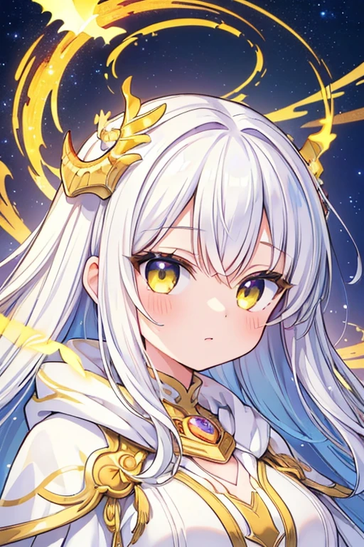 (masterpiece, Highest quality, Highest quality, Official Art, beautifully、aesthetic:1.2), (One girl), Highly detailed eyes, (Fractal Art:1.3), colorful, Most detailed, (Perfect Face), Glowing Skin, High resolution, (White cloak, golden lines:1.2), Milky Way, (Streaks of Light), Impressive visuals, (Dynamic stripes, Light trail:1.2), Vibrant colors, (Phoenix), (Dragon)
