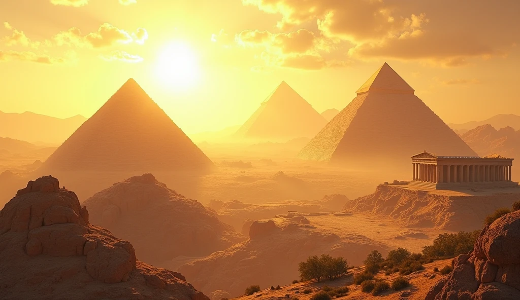 "A majestic view of ancient monuments from different cultures: the Pyramids, the Great Wall, and the Parthenon, each bathed in golden sunlight, symbolizing the grandeur of early human achievements."