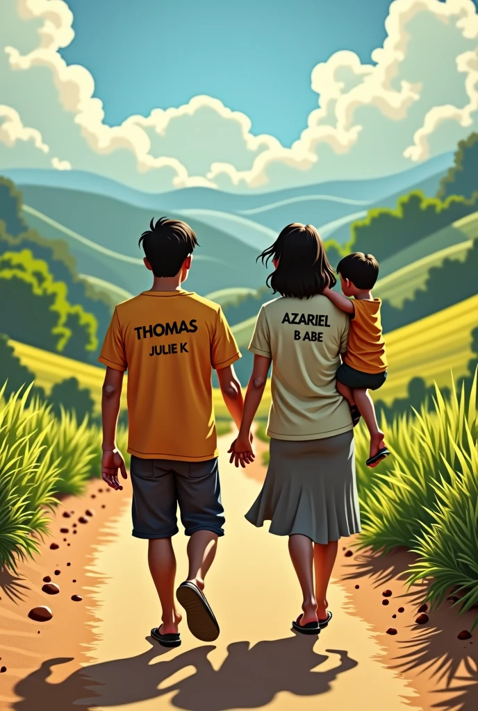 man and his wife working home to there village with their baby boy..on the man's T shirt write , Jnr Thomas and his wife T shirt write, Julie k and the baby boy T shirt write ,Azariel B Abe.
