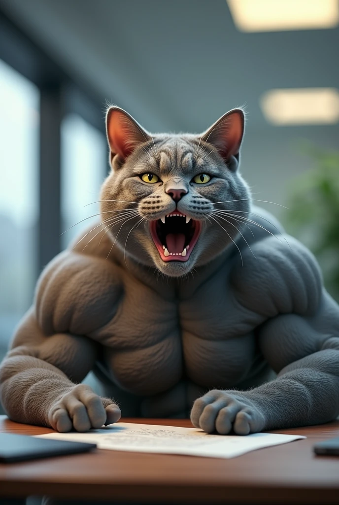 Adult Gray cat is muscular, he is like a human, his hands are like a human's. He's sitting at work in the office and then he calls and the cat is shocked.