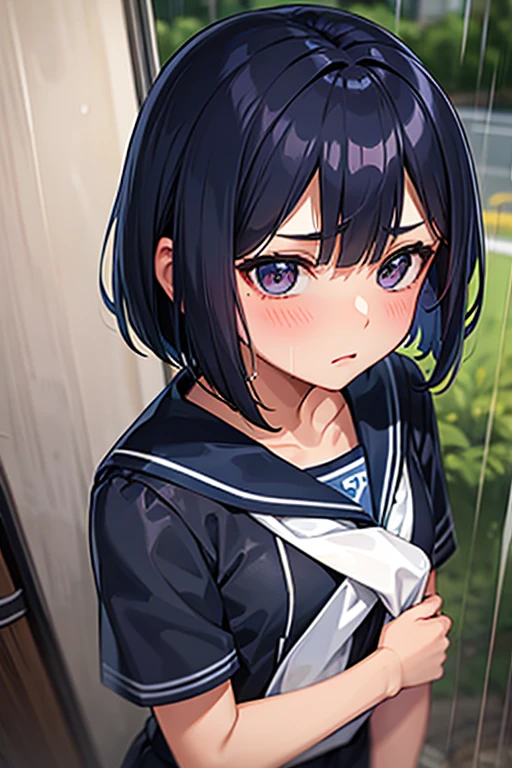 Junior high school student, wet uniform, indigo hair, short bob, taking shelter from heavy rain, troubled face