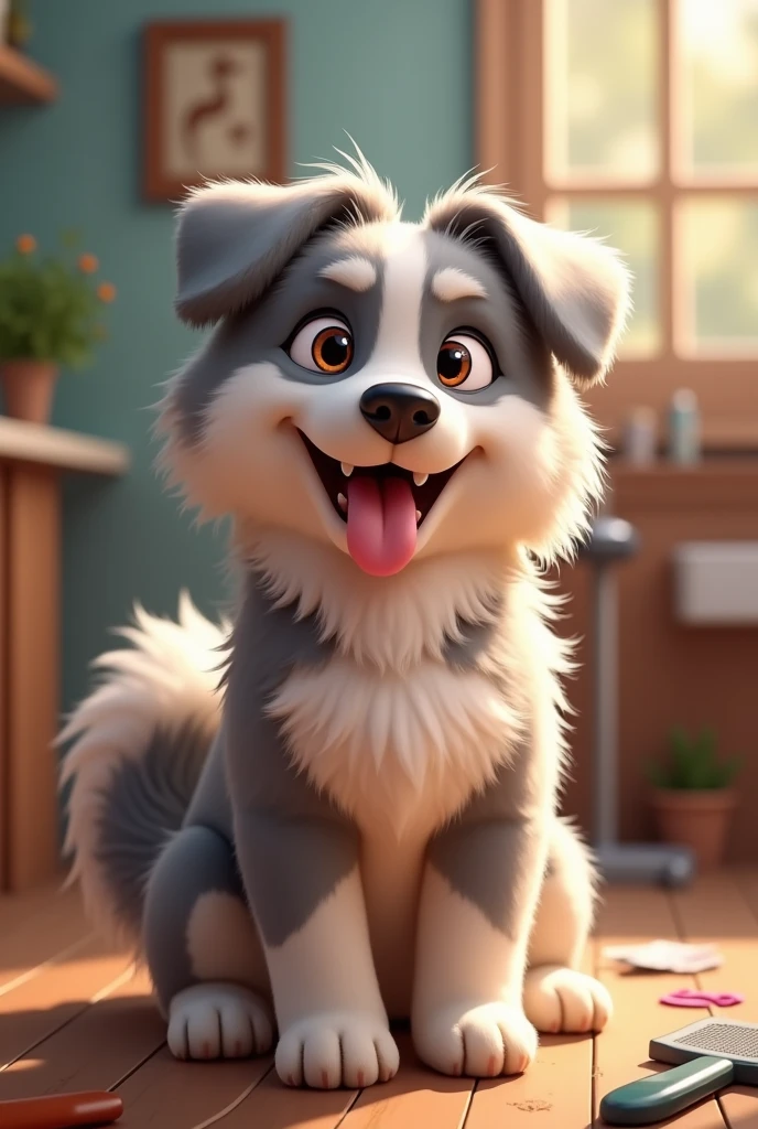 Make a picture of a dog (lobo ) being groomed and happy