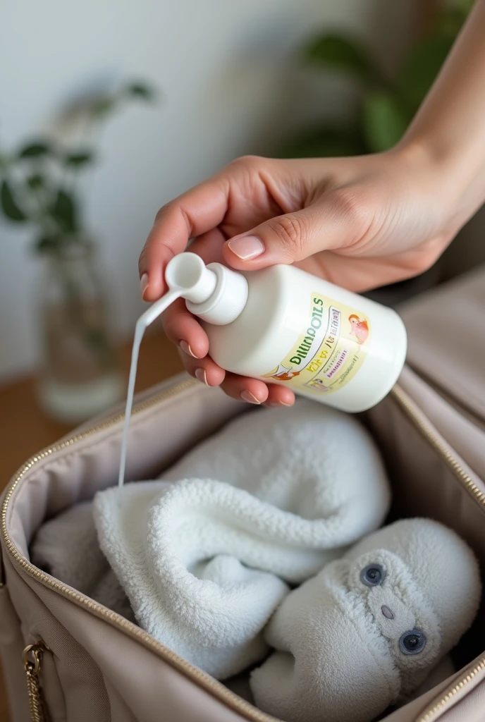 A hand putting shampoo into a bag