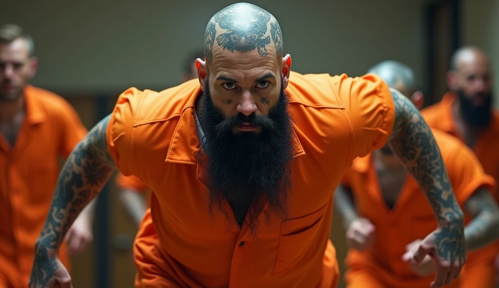 man in orange prison clothes, all tattooed, even on his face, bearded, with his head all tattooed in court and running around his neck, very thick, and that the image is clearer, scenario