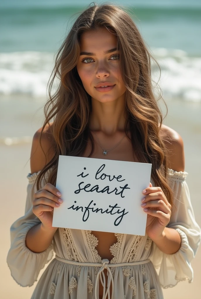 Beautiful girl with wavy long hair, bohemian dress, holding a white board with text "I Love Seaart Infinity" and showing it to the viewer