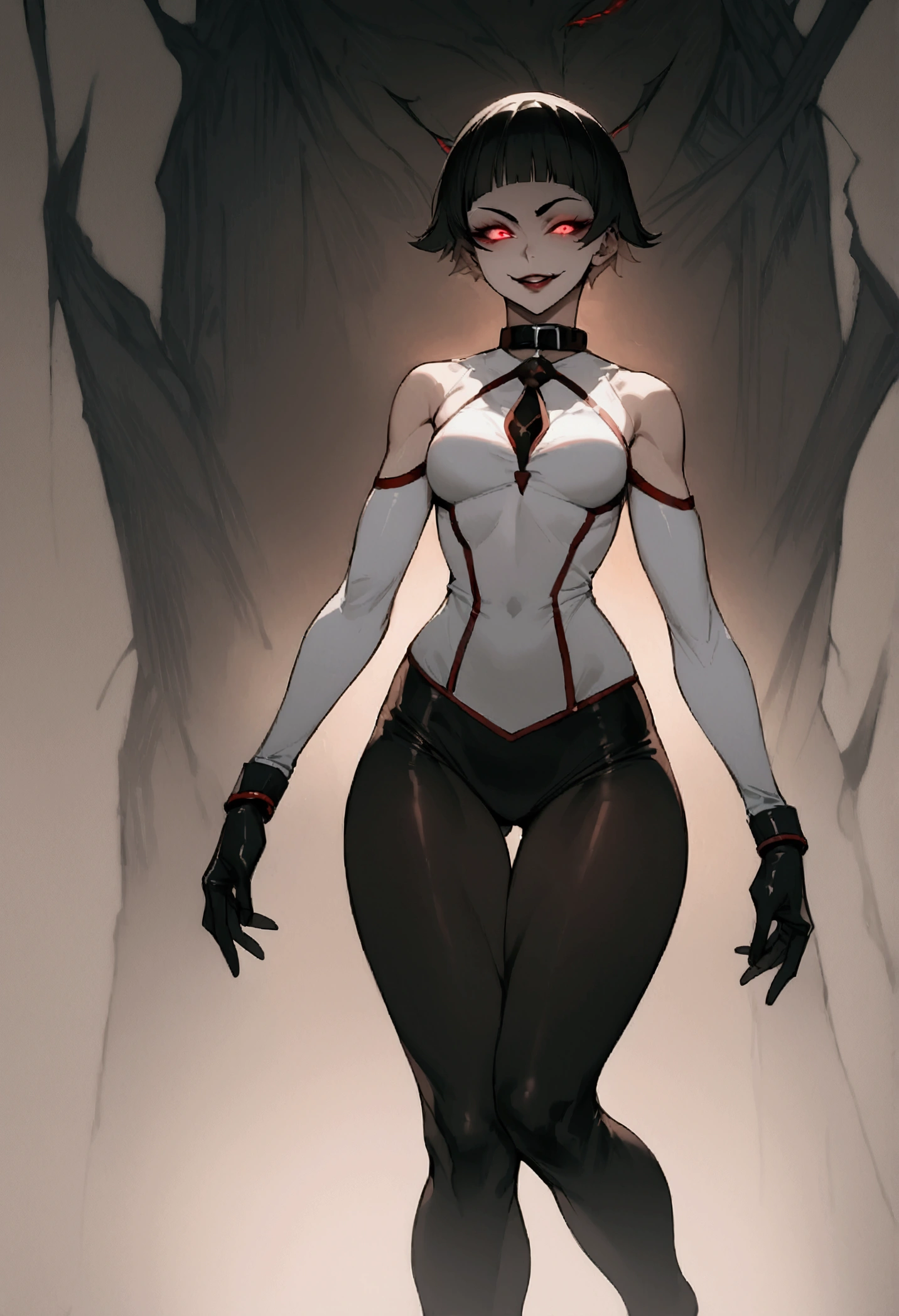 fully body,standing,alone,short hair,work of art,face detailed,young fitness linda,Wearing black pantyhose,tight white sweater with collar ,neckleace,evil smile,red eyes glowing,labiaa,eye shadow,bangs on the eyes,black gloves