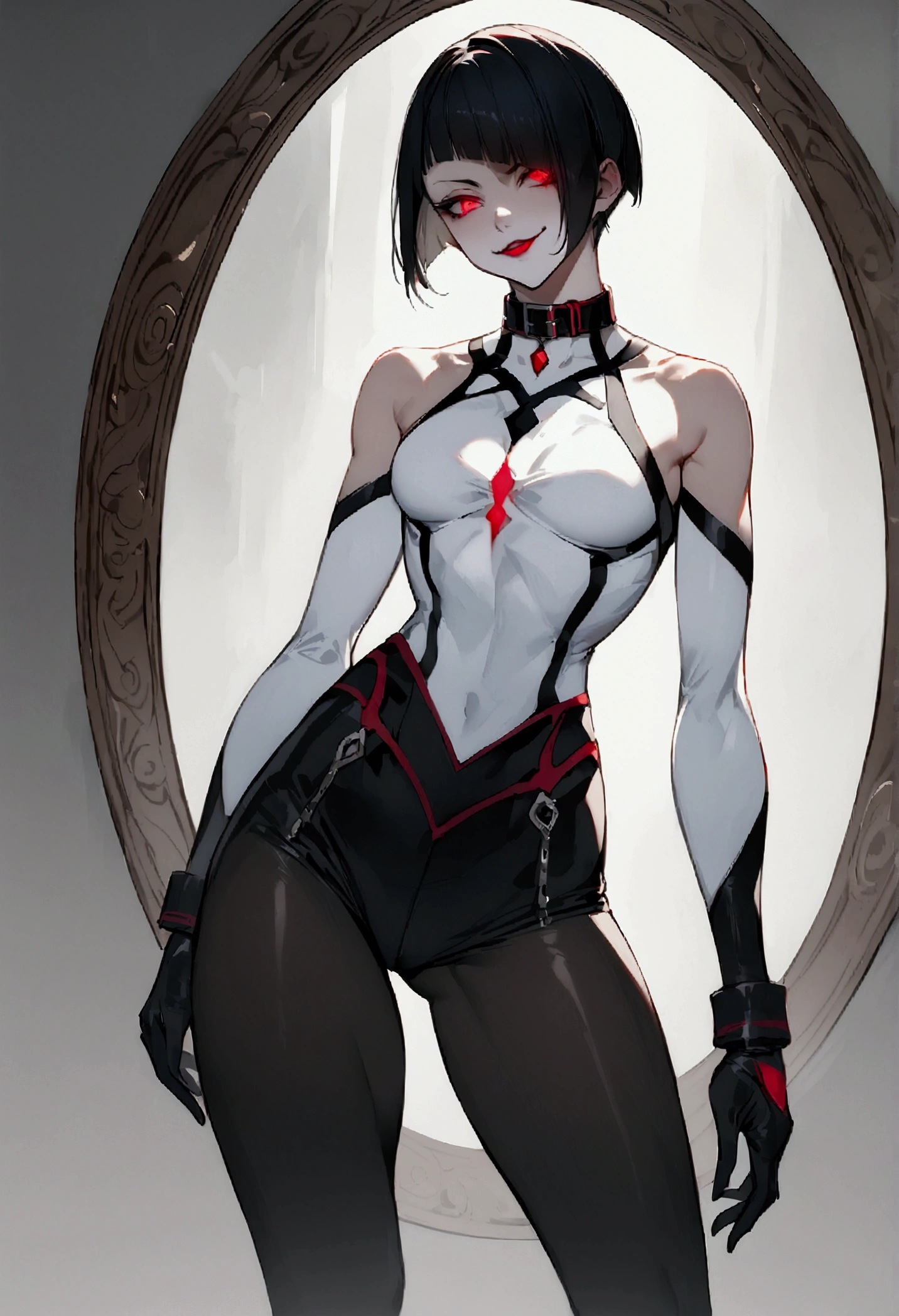 fully body,standing,alone,short hair,work of art,face detailed,young fitness linda,Wearing black pantyhose,tight white sweater with collar ,neckleace,evil smile,red eyes glowing,labiaa,eye shadow,bangs on the eyes,black gloves