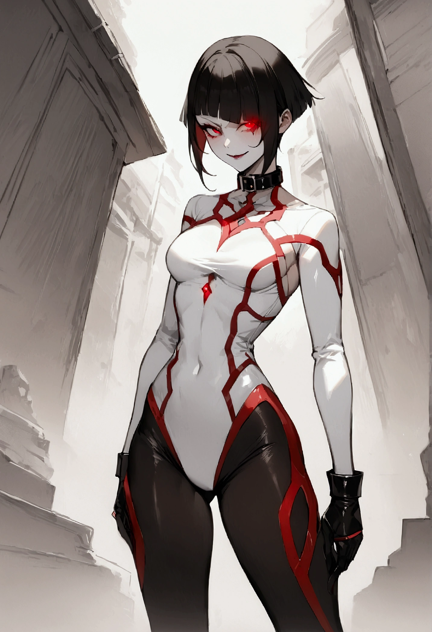 fully body,standing,alone,short hair,work of art,face detailed,young fitness linda,Wearing black pantyhose,tight white sweater with collar ,neckleace,evil smile,red eyes glowing,labiaa,eye shadow,bangs on the eyes,black gloves