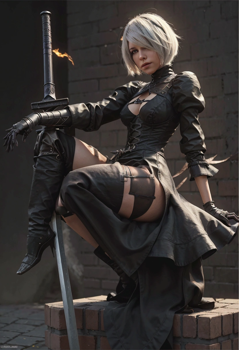 A woman in black clothes is sitting on a brick wall with a sword, 2b, 2b ..., 2B Nier Automata, Magnificent and elaborate character art, Nier Automata 2b, 2b ... from nier automata, Amazing character art, nier 2b ..., Jan J, Raymond Swanland&#39;s style, Dark fantasy art, Highly detailed art gems