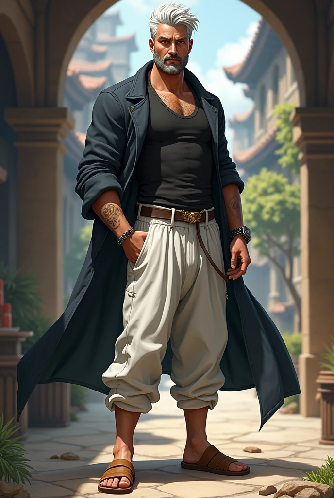 ( I want tabletop RPG style ) A 2 man with a medium beard and 1,65 tall, short hair and wearing a black tank top and white baggy pants and also wooden slippers similar to those of a ninja in Naruto, charismatic and defined, but not with much muscle, with a more charismatic and calm face, relaxed, hairless and I want some white streaks in my hair and beard, I want him wearing a coat over his shoulders and a big burn scar on the left side of his face
