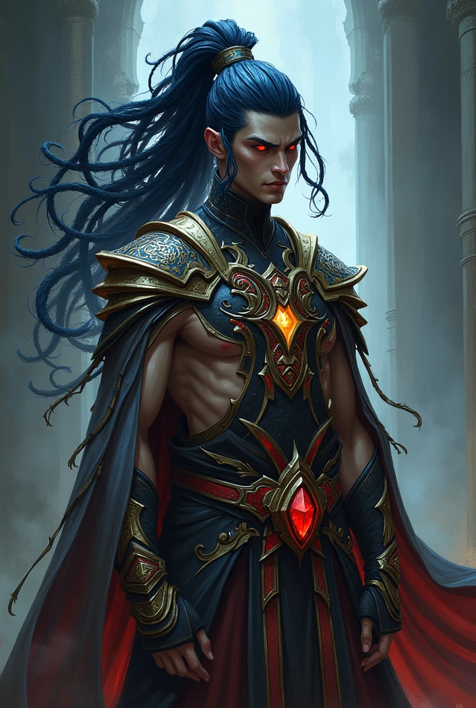 League of legends style, dark blue dreadlocks in the shape of tentacles, Dreadlocks in the form of tentacles should be left with the ends of the hair facing upwards, ancient warrior clothes, emperor clothes, masculine, young man without many muscles, no bear, black clothes, red jewel pendant on neck, clothes that show the body, mask in the face, one yellow hair and one red hair, the dreads must have the same shape as the previous image, but it must be suspended upwards, the dreads must be all over the hair, there can be no locks without dreadlocks, uma iris vemelha e outra iris amarela, mascara cobrindo uma parte do olho