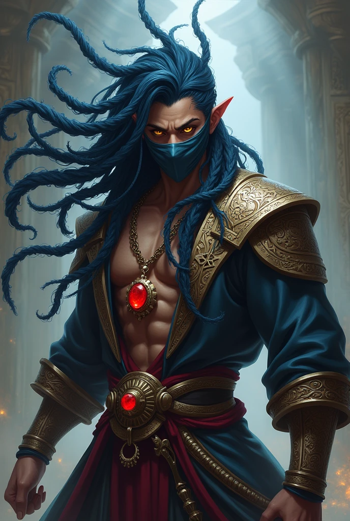 League of legends style, dark blue dreadlocks in the shape of tentacles, Dreadlocks in the form of tentacles should be left with the ends of the hair facing upwards, ancient warrior clothes, emperor clothes, masculine, young man without many muscles, no bear, black clothes, red jewel pendant on neck, clothes that show the body, mask in the face, one yellow hair and one red hair, the dreads must have the same shape as the previous image, but it must be suspended upwards, the dreads must be all over the hair, there can be no locks without dreadlocks, uma iris vemelha e outra iris amarela, mascara cobrindo uma parte do olho