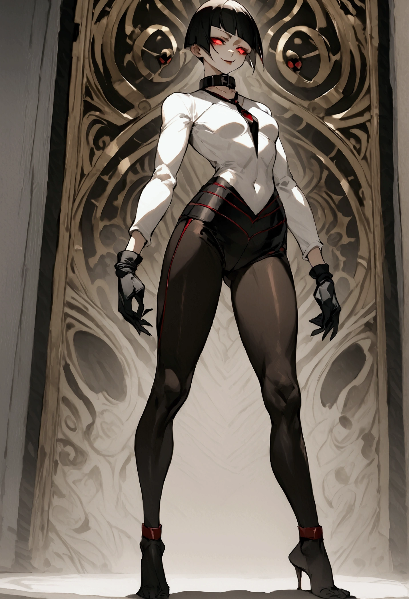 fully body,standing,alone,short hair,work of art,face detailed,young fitness linda,Wearing black pantyhose,tight white sweater with collar ,neckleace,evil smile,red eyes glowing,labiaa,eye shadow,bangs on the eyes,black gloves