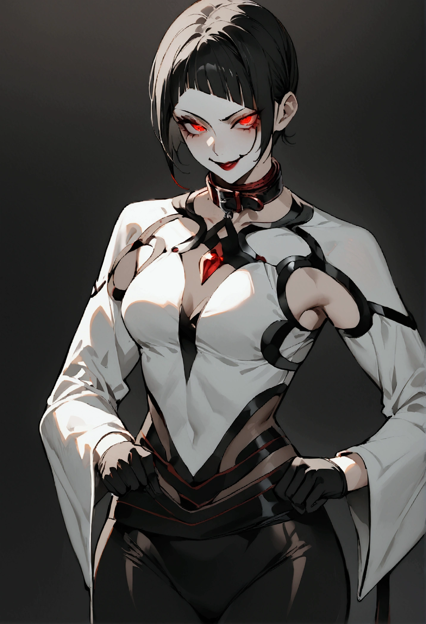 fully body,standing,alone,short hair,work of art,face detailed,young fitness linda,Wearing black pantyhose,tight white sweater with collar ,neckleace,evil smile,red eyes glowing,labiaa,eye shadow,bangs on the eyes,black gloves