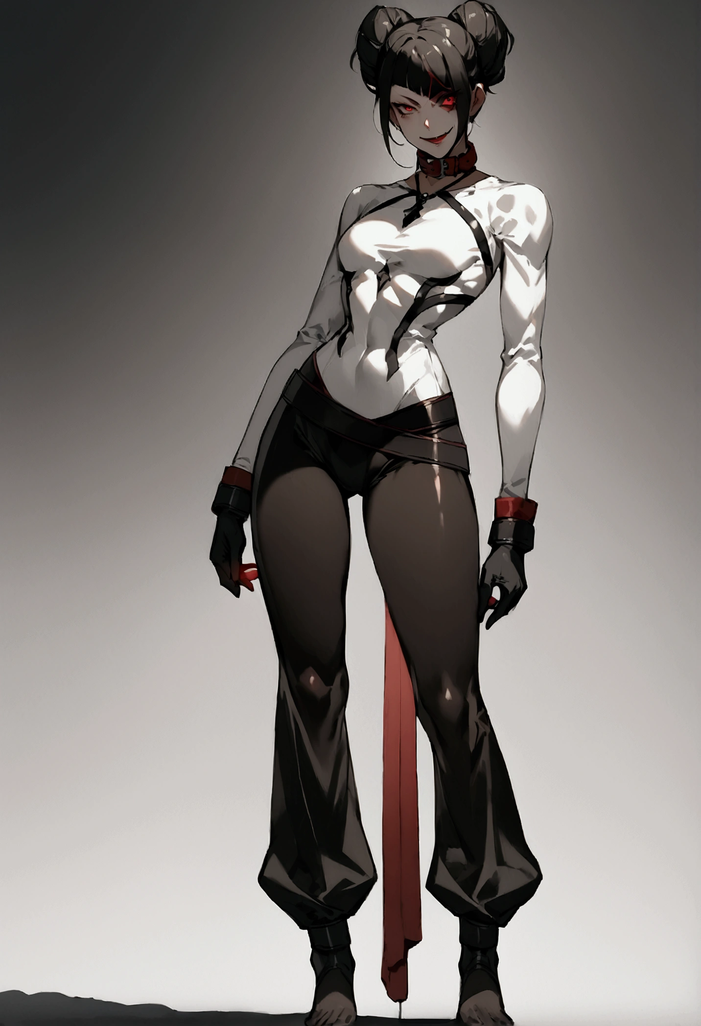 fully body,standing,alone,short hair,work of art,face detailed,young fitness linda,Wearing black pantyhose,tight white sweater with collar ,neckleace,evil smile,red eyes glowing,labiaa,eye shadow,bangs on the eyes,black gloves