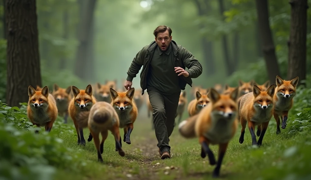 There is a shadow、Photorealistic、Ultra HD、A man is being chased by 20 foxes、The man has an anxious look、Front view、The background is a forest