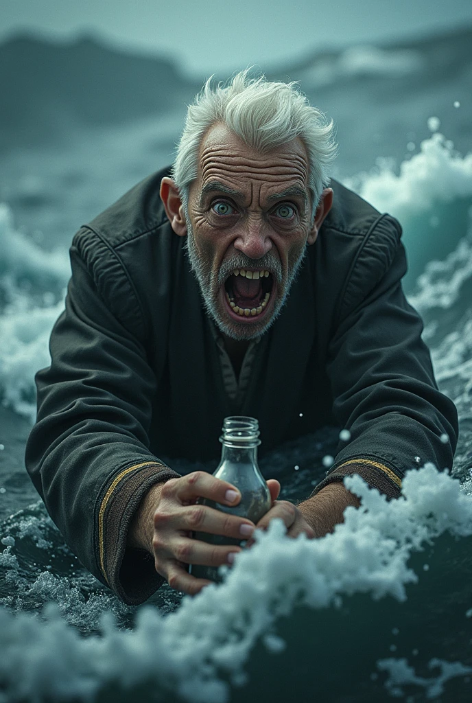 Old white sailor with bottle and horror face
