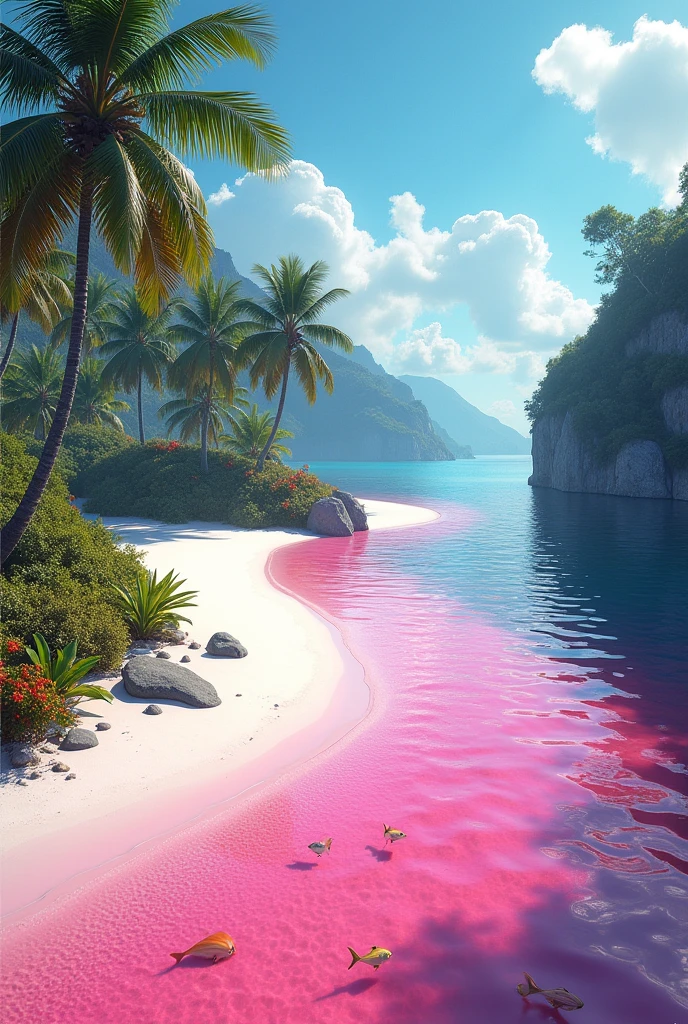 Island with beach with pink water
