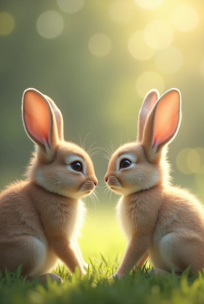 Create a picture of 2 rabbits facing each other