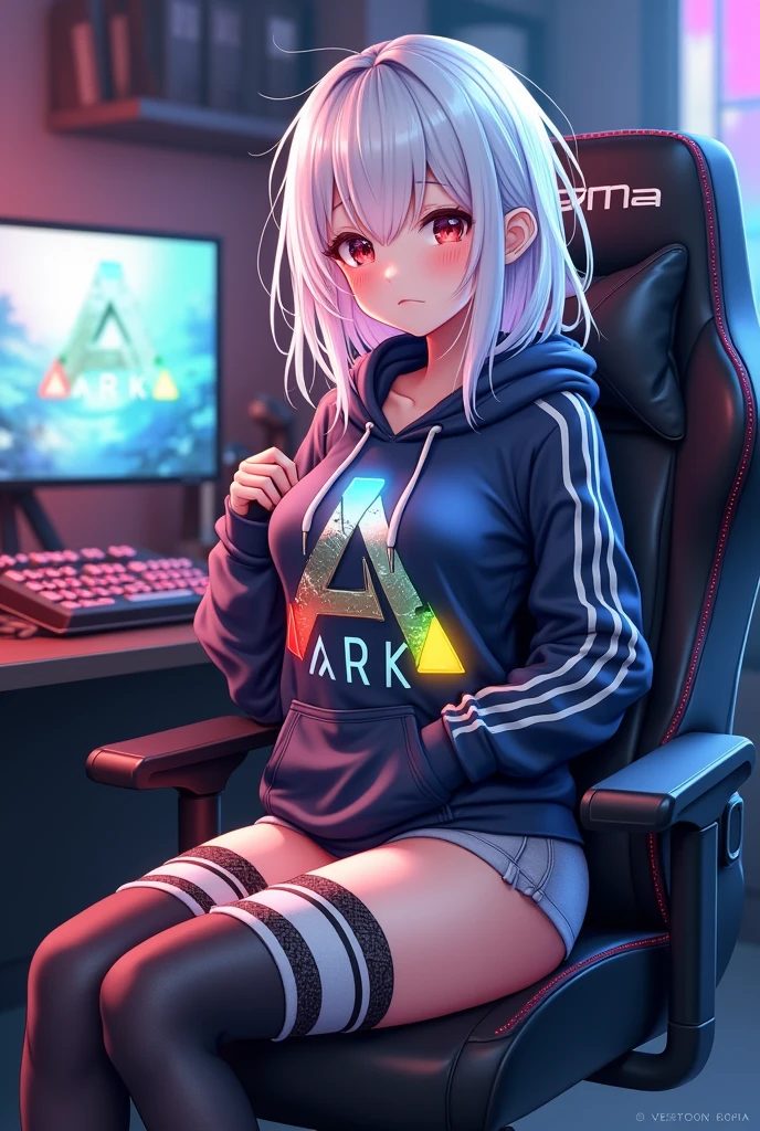 a Anime girl Who is wearing A Ark survival evolved themed hoodie wearing Panties and black and white Thigh highs and has Very beautiful Body and Has Beautiful medium length White hair She is in her room sitting on her gaming chair at her Gaming setup