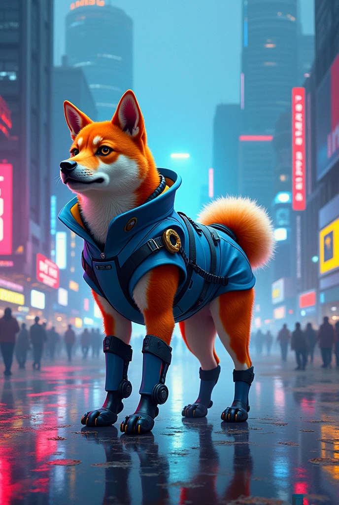 Doge Ram with blue orange bodikit in siberpunk city with neon lights and wet ground