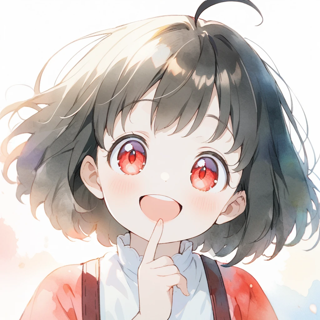 female child, 1 woman, glad, delightful, blissful, cheerful, happy, smiling, laughing, cheerful grin, looking at viewer, looking to the left, looking up, bob cut, ahoge, black hair, red eyes, slant eyes, big eyes, sanpaku, red lips, pale skin, White shirt, red skirt with suspenders, pinky to own mouth, solid white background, anime, hard-edged, upper body, macro shot, front view, headshot, rule of thirds, dreamy watercolor, best hand 