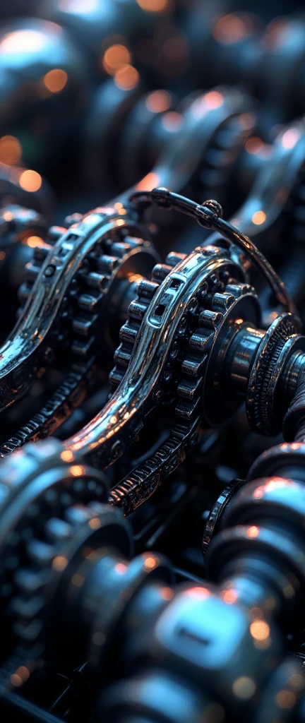 So many beautiful gears and timing chains, Timing chain close-up, Dynamic photography, Car interior, Beautiful metallic light reflections, Colorful LEDs grown from within, Focus on timing chains, Black motor oil reflects light