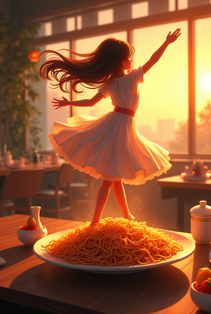 Noodles make a girl with danceing placed on a plate on the table, it is a restaurant, it is sunset time.