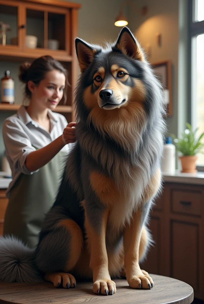Make a picture of a dog (lobo ) being groomed