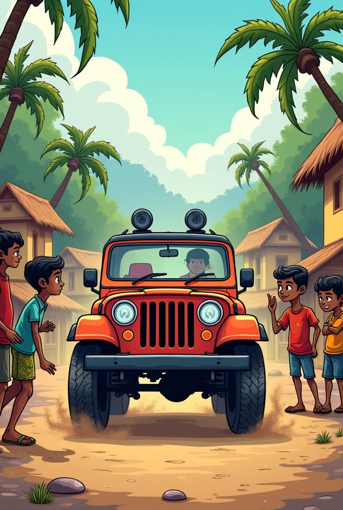 generate an cartoon image of an business advertisment announcement jeep going through a traditional kerala village and people are looking at the jeep