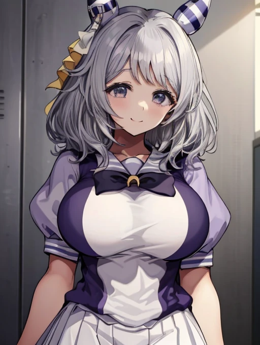 (((masterpiece))), ((Highest quality)), 1 person, One Woman, alone,Glowing Skin,(Bust Shot),hishi miracle, horse ears, hair ornament, horse tail, tracen school uniform, purple shirt, puffy short sleeves, white skirt, white thighhighs, Gray Hair,(Detailed Eyes), (((Very large breasts))),smile、