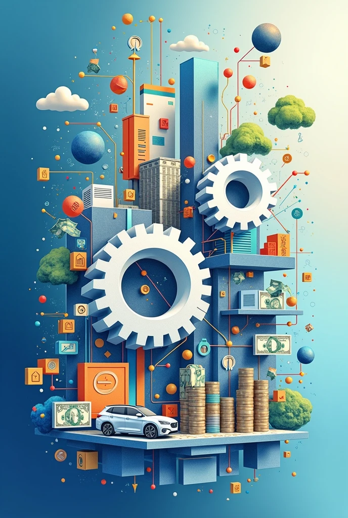 Create a three-dimensional gear Circles and squares, currencies, stacks of coins, stacks of banknotes, lines, graphs, autoparts illustrations. Using watercolor and mixed media, bright colors are used. The light source is in the upper right corner. There are large white gears. The background is blue.
