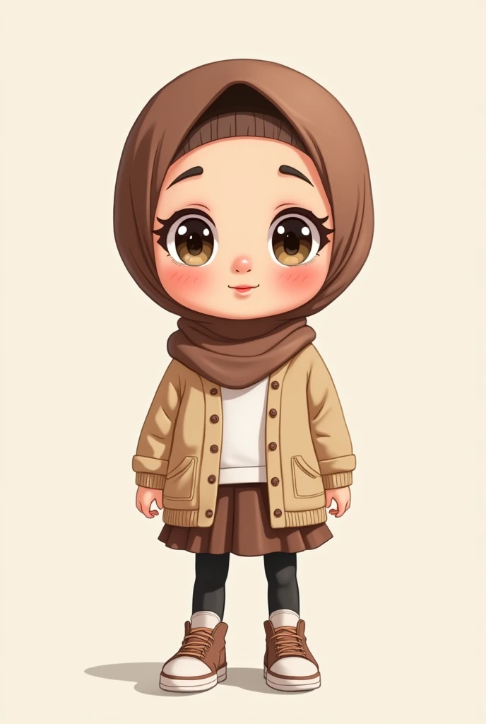 Cartoon with text:
(Masterpiece, best quality, 4k, expressive eyes, perfect face), cute and adorable girl, little cartoon girl, (beautiful face, detailed eyes), wearing brown hijab, (flat style,, hand drawn style, 2d style, Cartoon artstyle, toon style), (oversized beige cardigan, white shirt, brown skirt, black leggings, brown socks, air force sneakers), (full body view, funny pose)