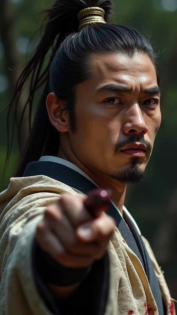 Close-up shot, Low angle shot, (The Samurai, now with a calm, almost serene expression, grips the short sword tightly. The moment of incision is captured with intense realism, showing his face etched with both pain and peace. His white kimono is slightly stained with blood, symbolizing the release of his soul. The background remains the same serene garden, now slightly blurred, emphasizing the focus on the Samurai’s final act.) unreal engine, 35mm lens, cinematic, highly detailed, hyper-realistic, ultra-realistic HD --q 2 --v 6.1 --ar 9:16