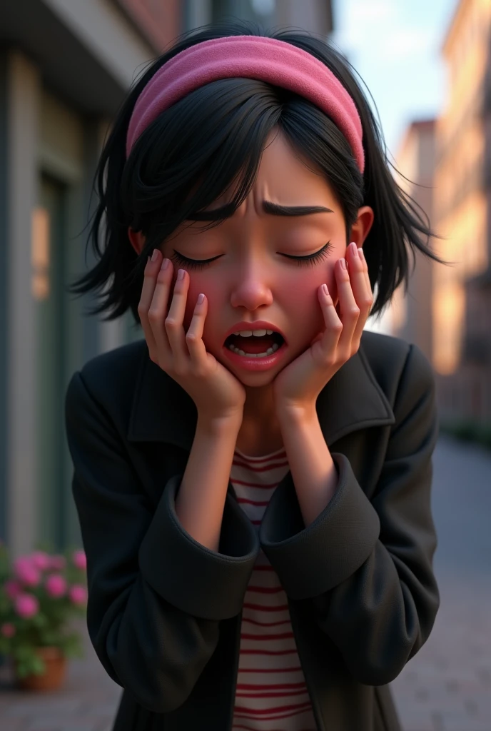 A woman with short black hair and a pink headband crying with her hands on her face because of the pain she was feeling, she is wearing a black coat, striped shirt , disney pixar style 3d.