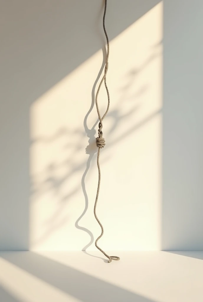 Generate an image of a shadow of a knot of thread on a white wall with a little sunlight 